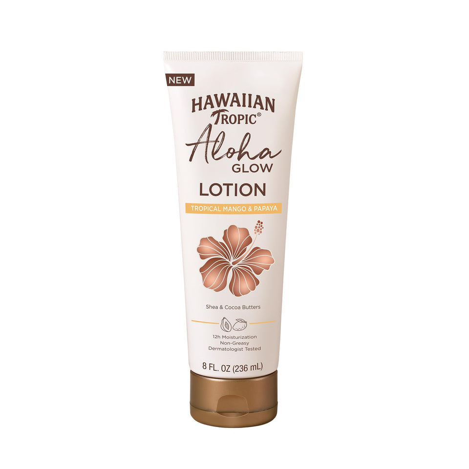 Hawaiian Tropic front bottle showing 8oz size and benefit of lasting hydration