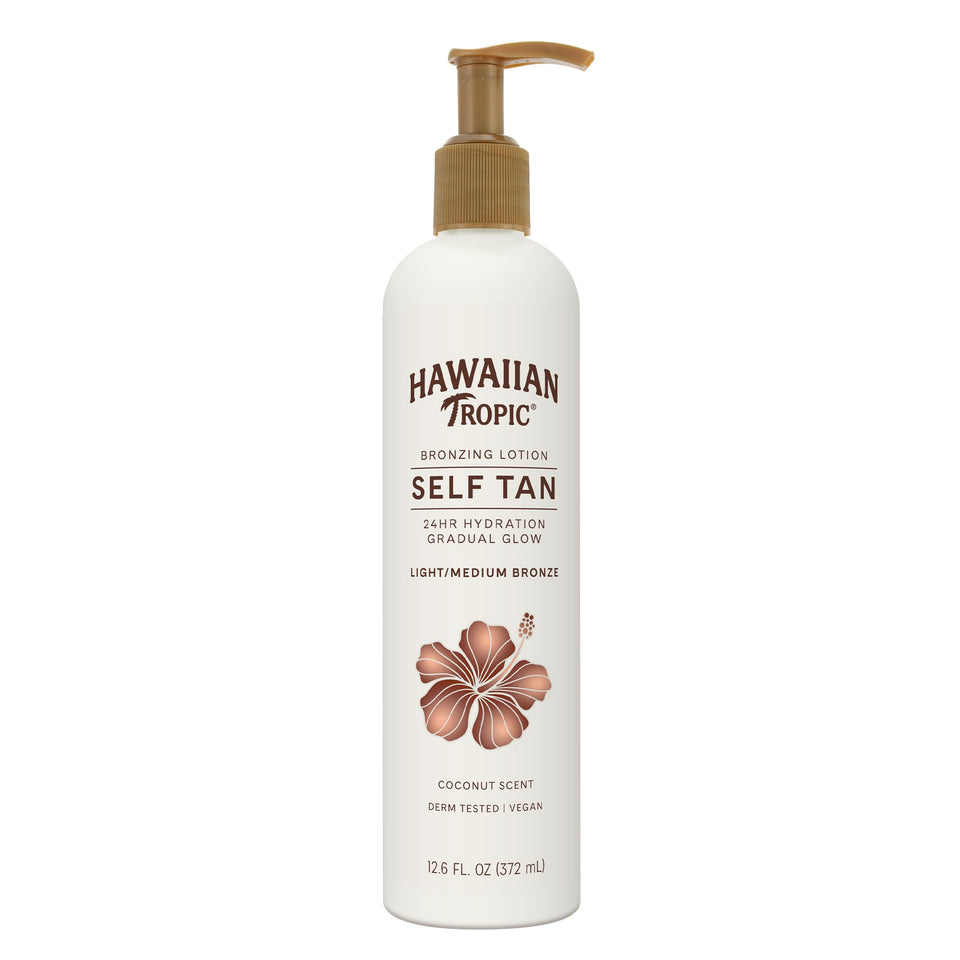 Hawaiian Tropic front bottle showing product benefits and coconut scent