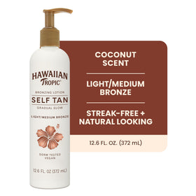 Hawaiian Tropic bottle with open cap displaying easy-dispense design benefit