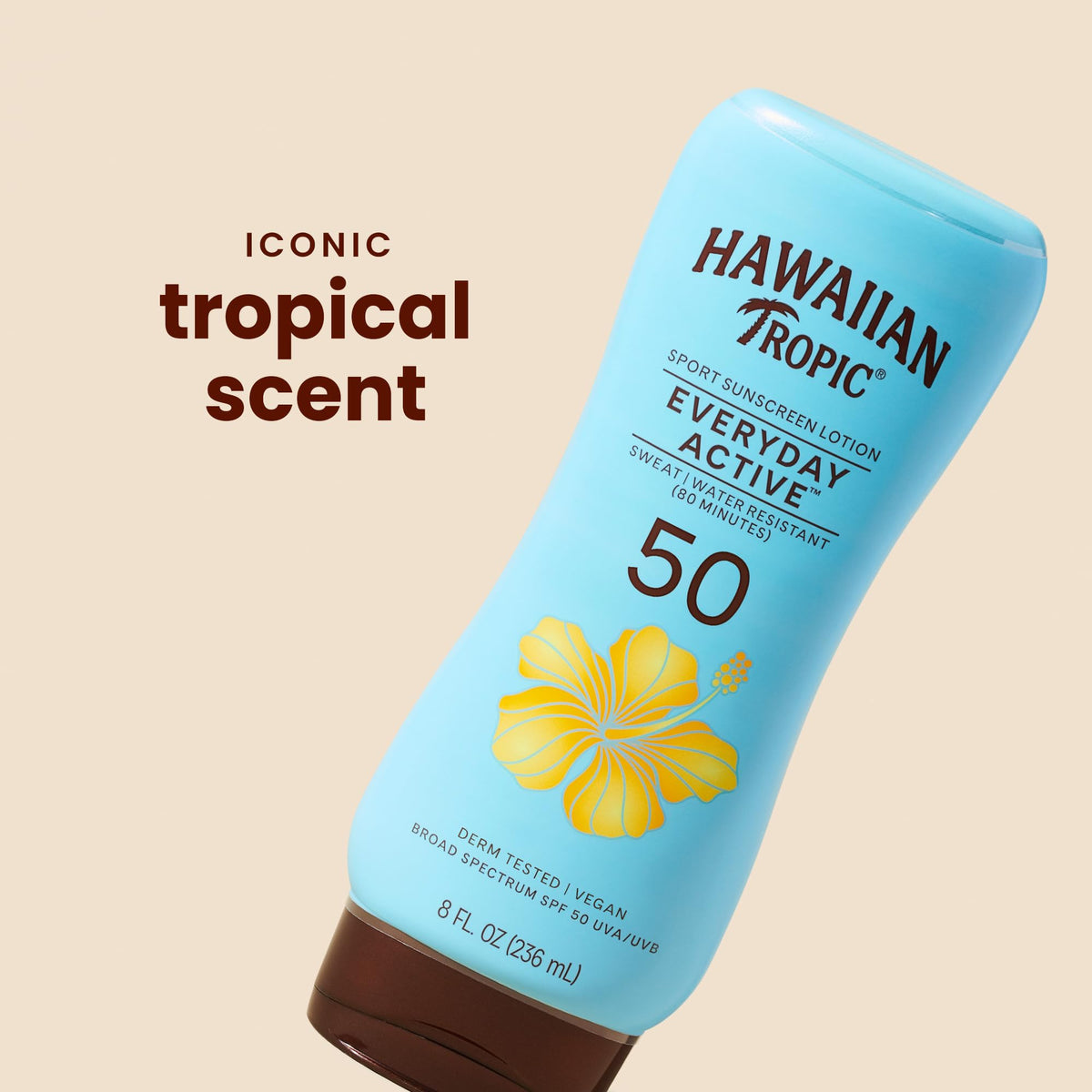Hawaiian Tropic back label with ingredients and clear usage instructions benefit