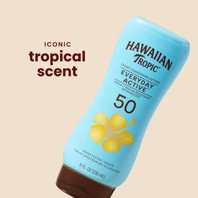 Hawaiian Tropic back label with ingredients and clear usage instructions benefit