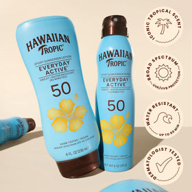 Hawaiian Tropic bottle on sandy beach showing scent and outdoor readiness