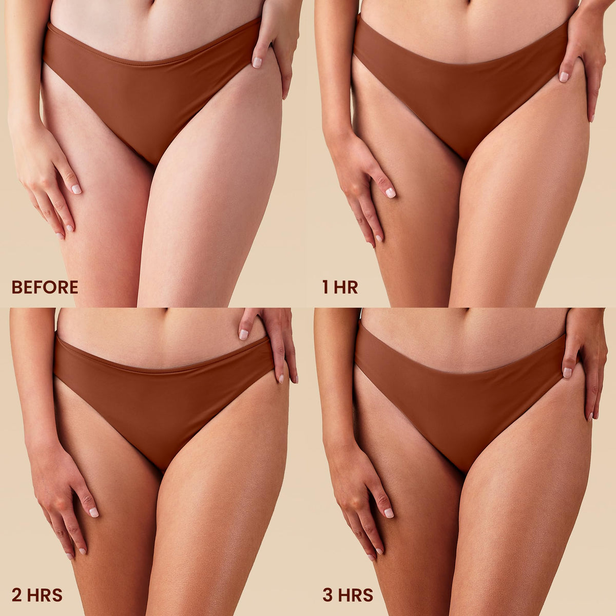 Hawaiian Tropic before and after legs comparison showing natural sunless tan result