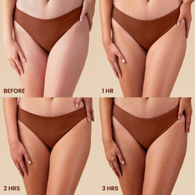 Hawaiian Tropic before and after legs comparison showing natural sunless tan result