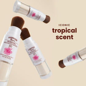 Hawaiian Tropic brush applying powder to cheek for quick SPF refresh