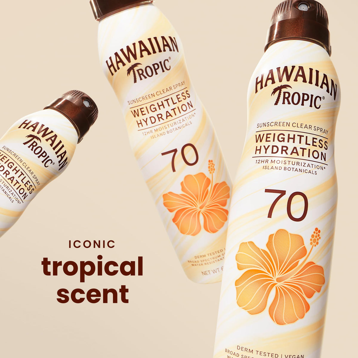 Hawaiian Tropic clear spray mist demonstrating lightweight, non-greasy finish