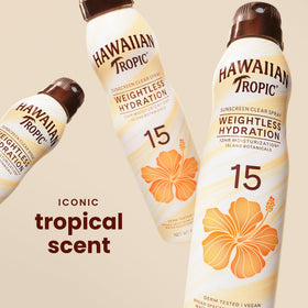 Hawaiian Tropic nozzle close-up showing continuous spray and twist-lock benefit
