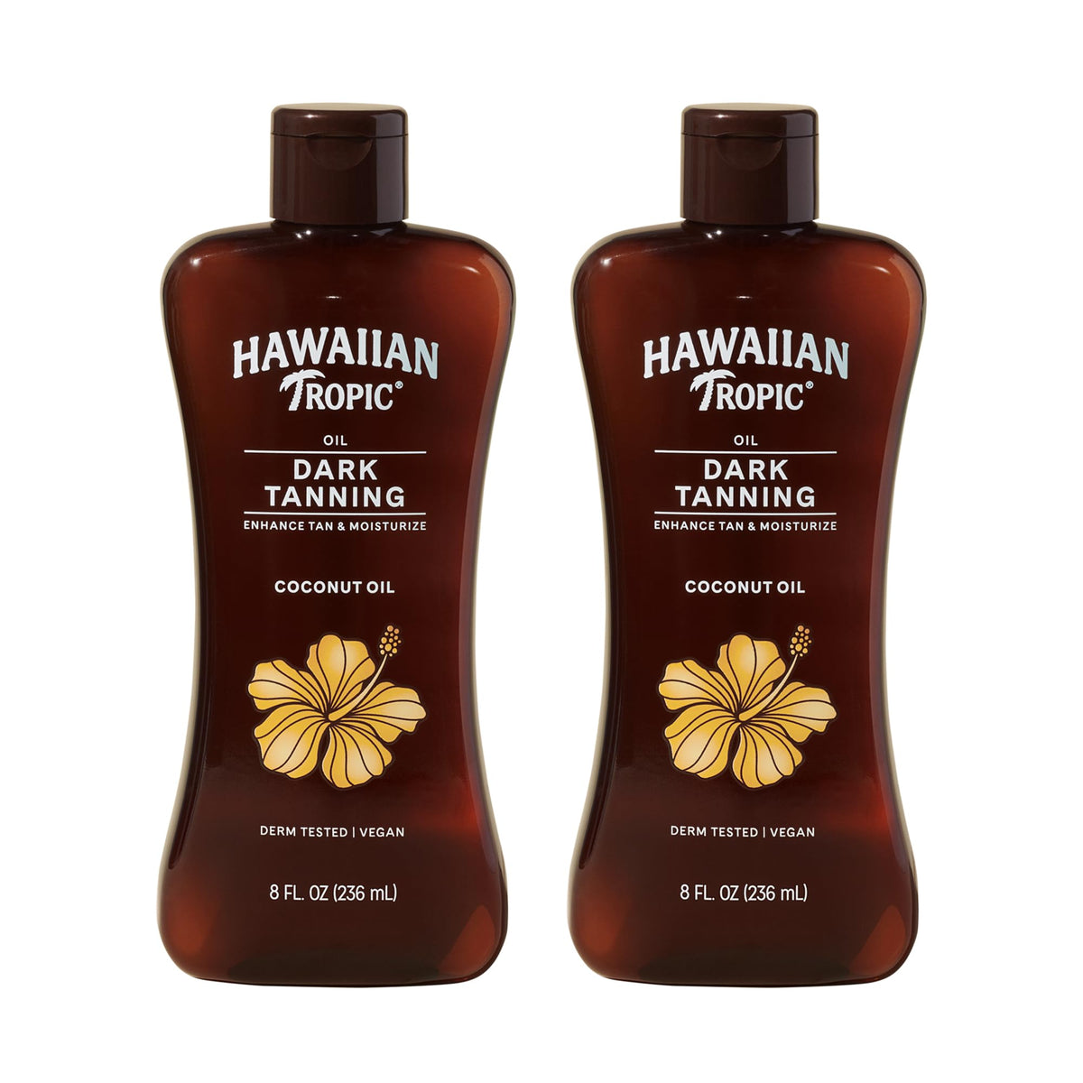 Hawaiian Tropic front view of twin bottles showing size and label benefits