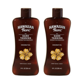 Hawaiian Tropic front view of twin bottles showing size and label benefits