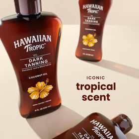 Hawaiian Tropic close-up of product label highlighting cocoa butter and coconut oil