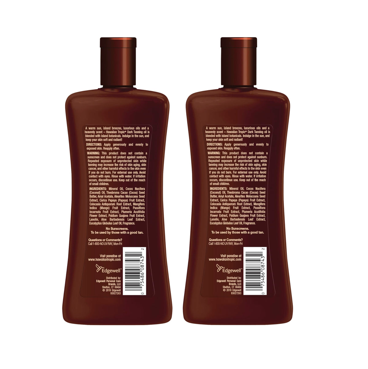 Hawaiian Tropic back of bottle with ingredient list and usage directions