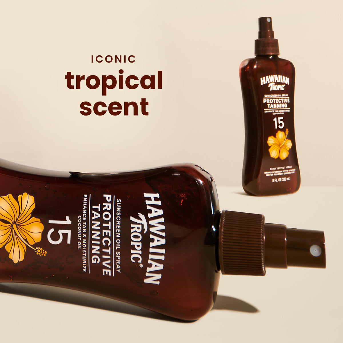 Hawaiian Tropic dry oil texture close-up illustrating lightweight hydration