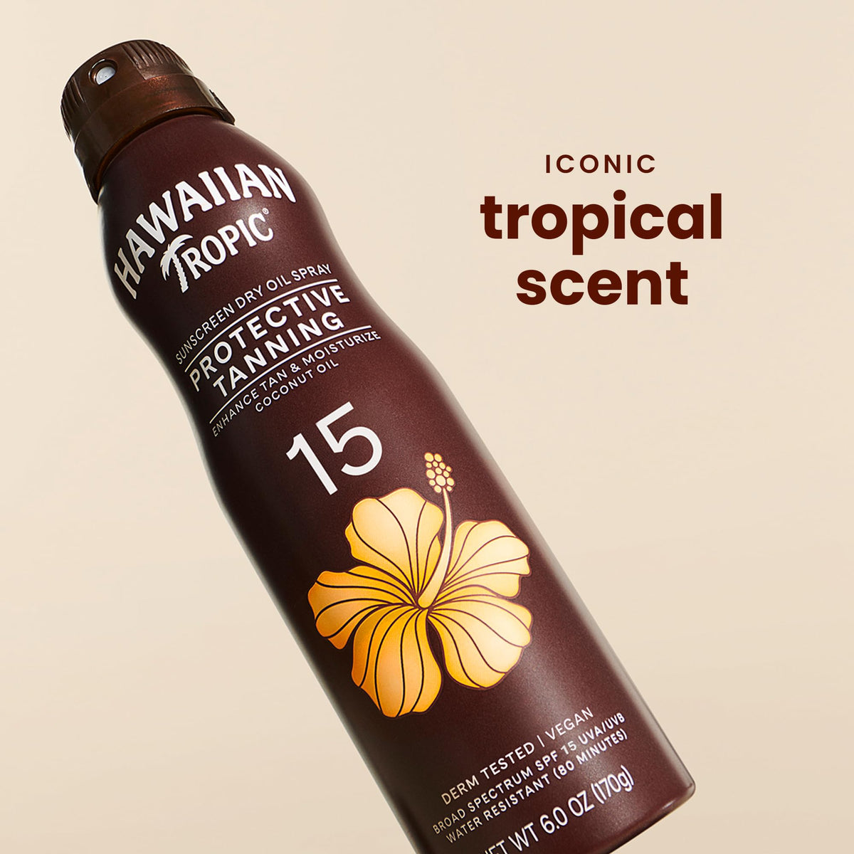 Hawaiian Tropic dry oil texture drop illustrating fast absorption and glow