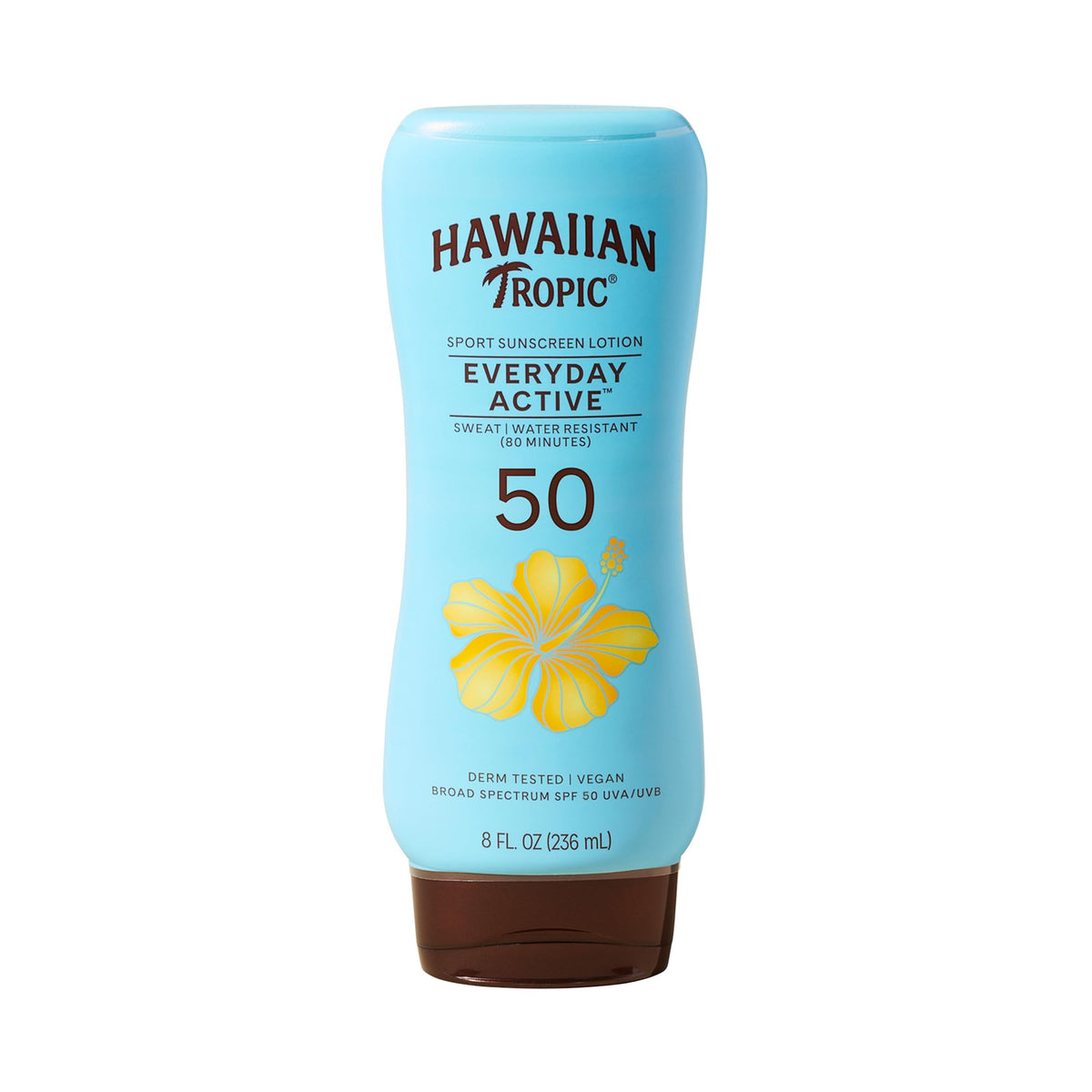 Hawaiian Tropic front bottle view showing SPF 50 and lightweight benefit