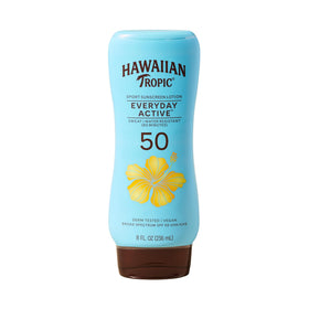 Hawaiian Tropic front bottle view showing SPF 50 and lightweight benefit