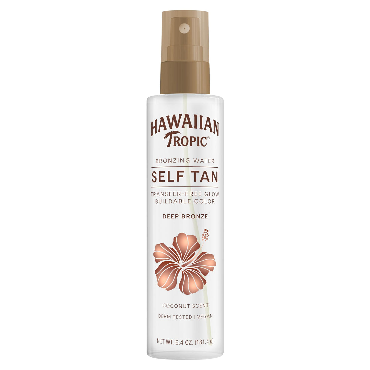 Hawaiian Tropic front packaging showing bottle and deep bronze claim, effortless glow