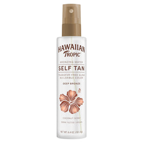 Hawaiian Tropic front packaging showing bottle and deep bronze claim, effortless glow