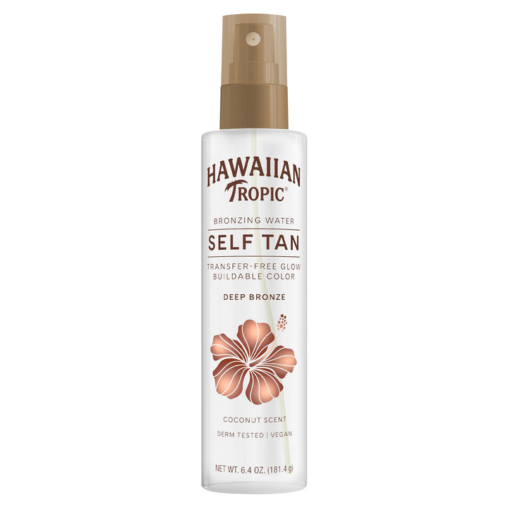 Hawaiian Tropic front packaging showing bottle and deep bronze claim, effortless glow