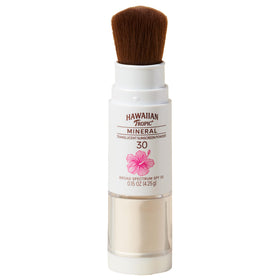 Hawaiian Tropic front packaging brush showing compact travel-ready SPF benefit