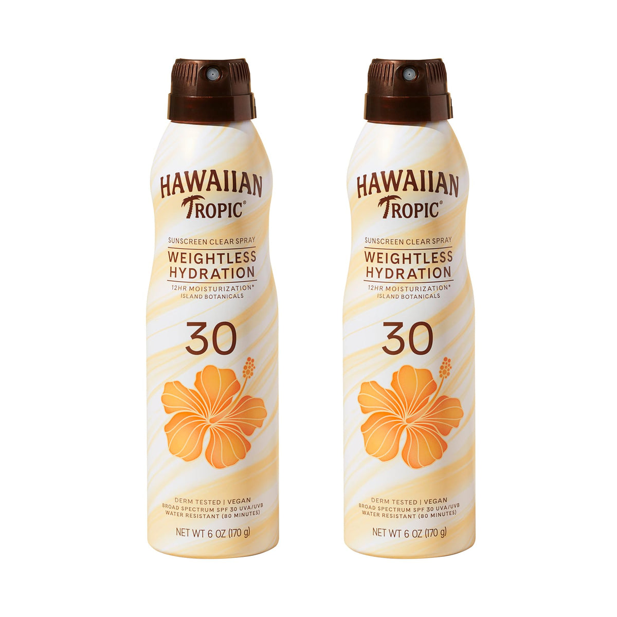 Hawaiian Tropic front packaging showing clear SPF 30 spray and twin pack benefit
