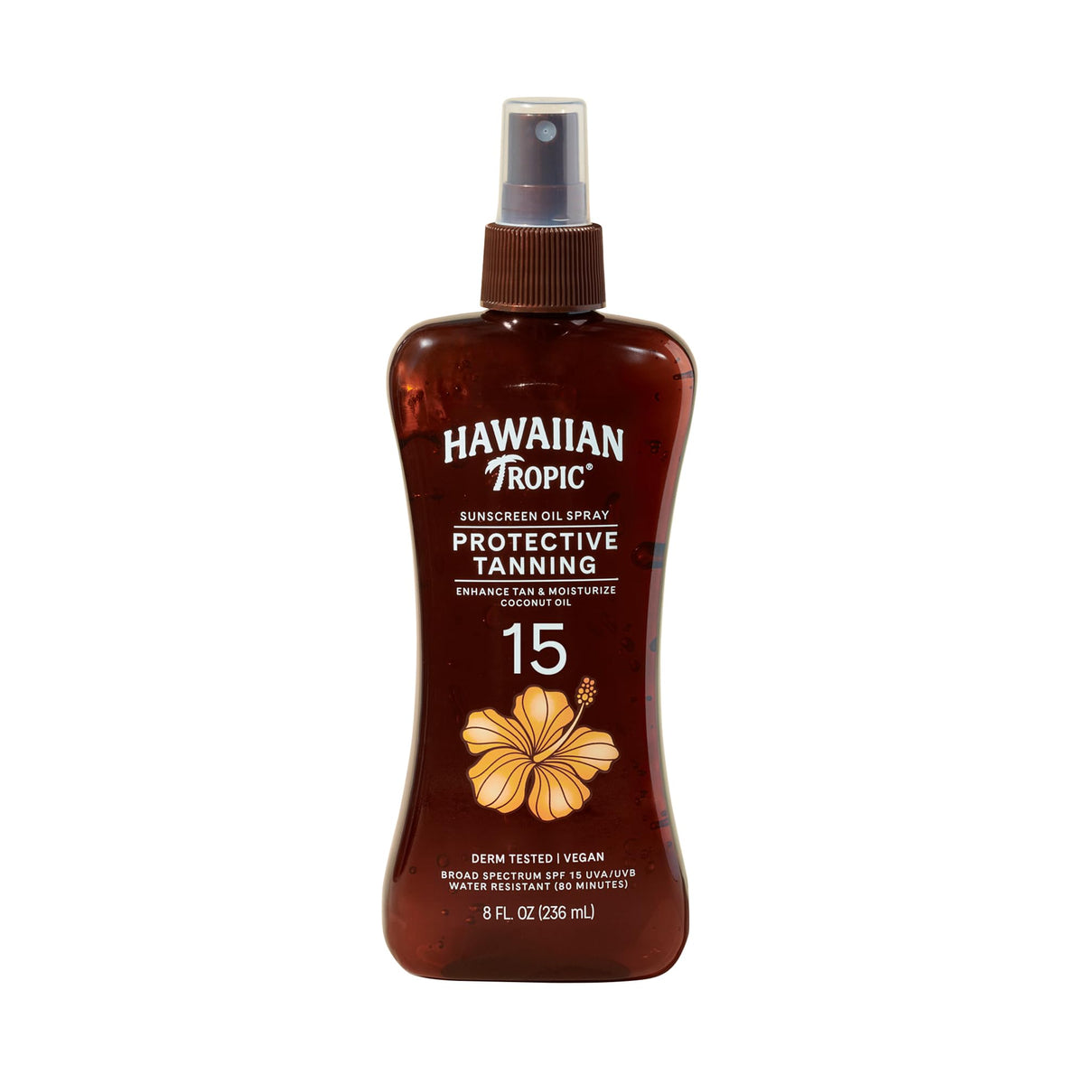 Hawaiian Tropic front packaging showing SPF 15 protection and tropical design