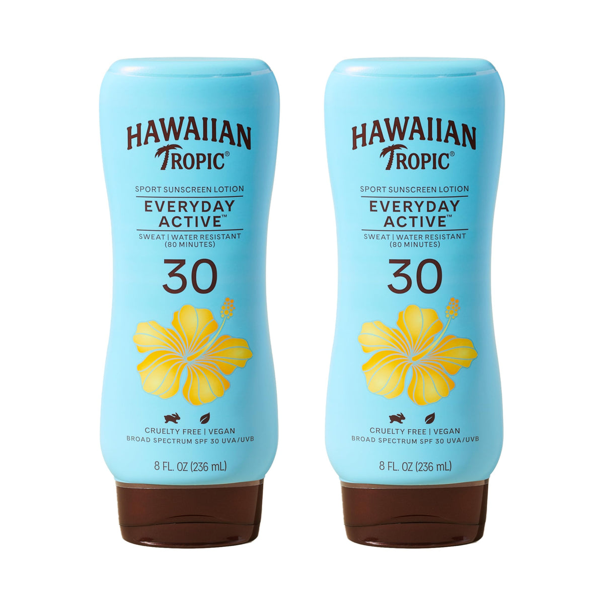 Hawaiian Tropic front packaging showing twin SPF 30 bottles and value
