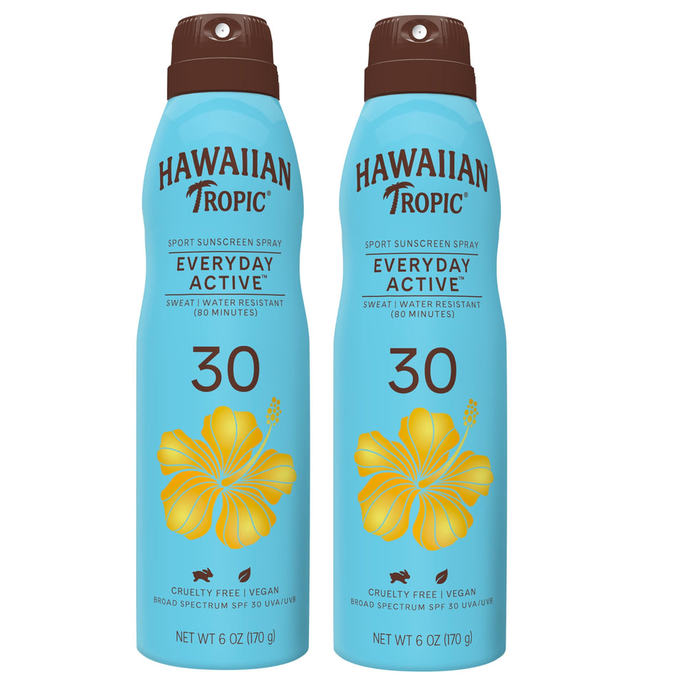 Hawaiian Tropic front packaging showing SPF 50 protection and twin pack benefit