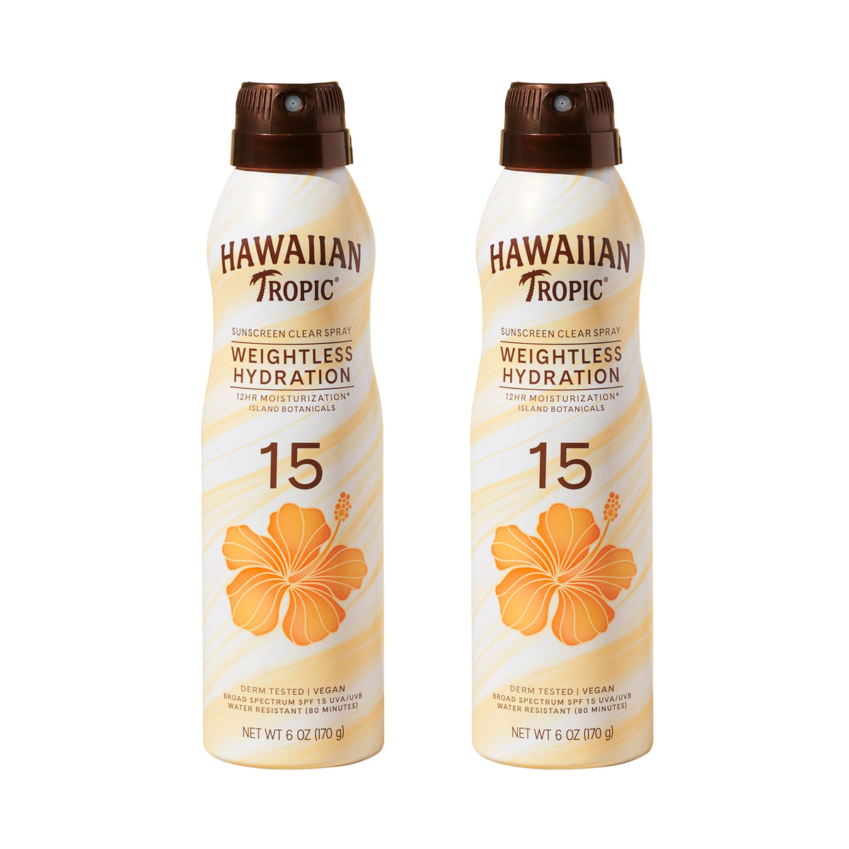 Hawaiian Tropic front pack showing twin spray cans and clear sunscreen