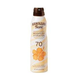 Hawaiian Tropic front packaging shows SPF 70 protection and travel-friendly design