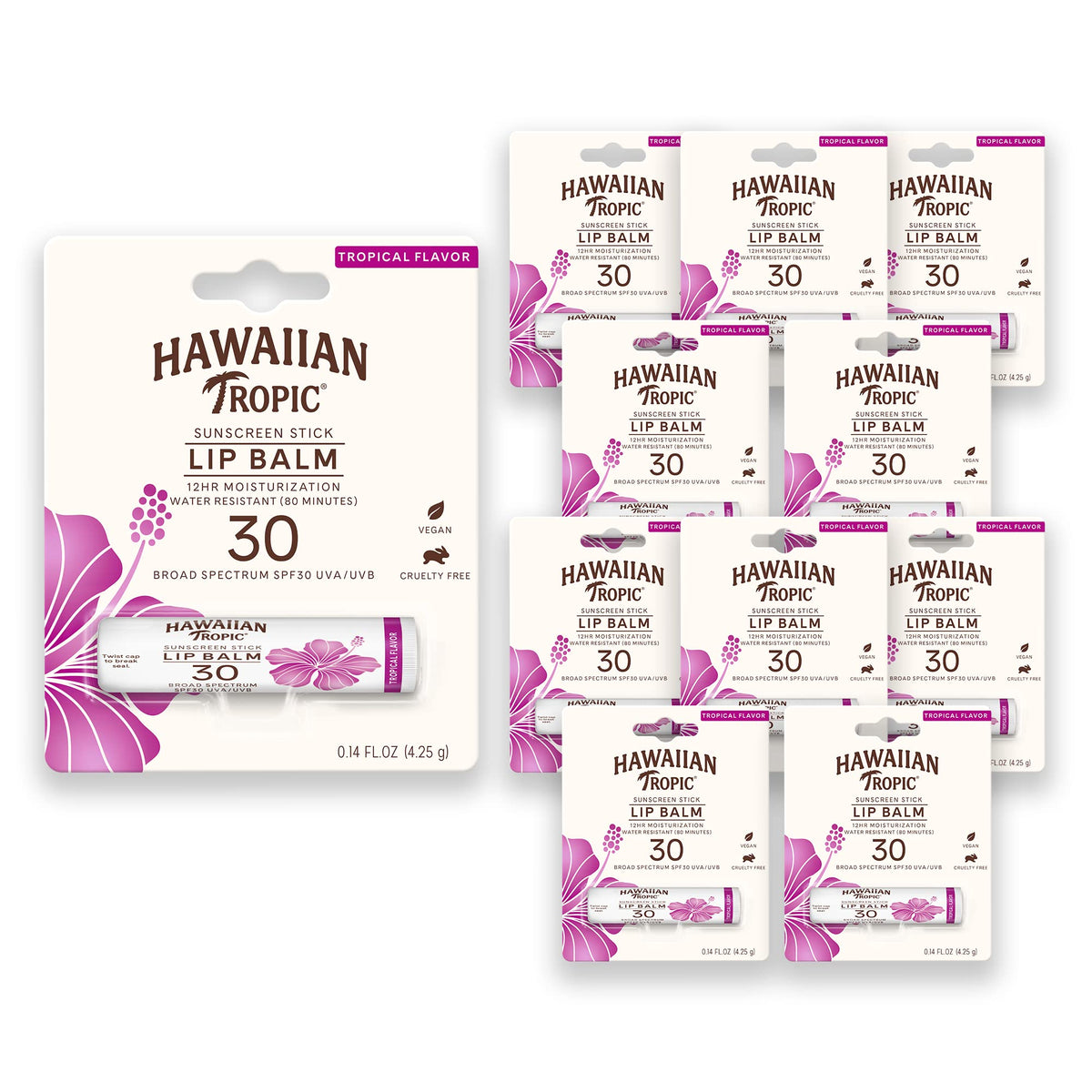 Hawaiian Tropic front packaging showing SPF 30 tubes and travel convenience