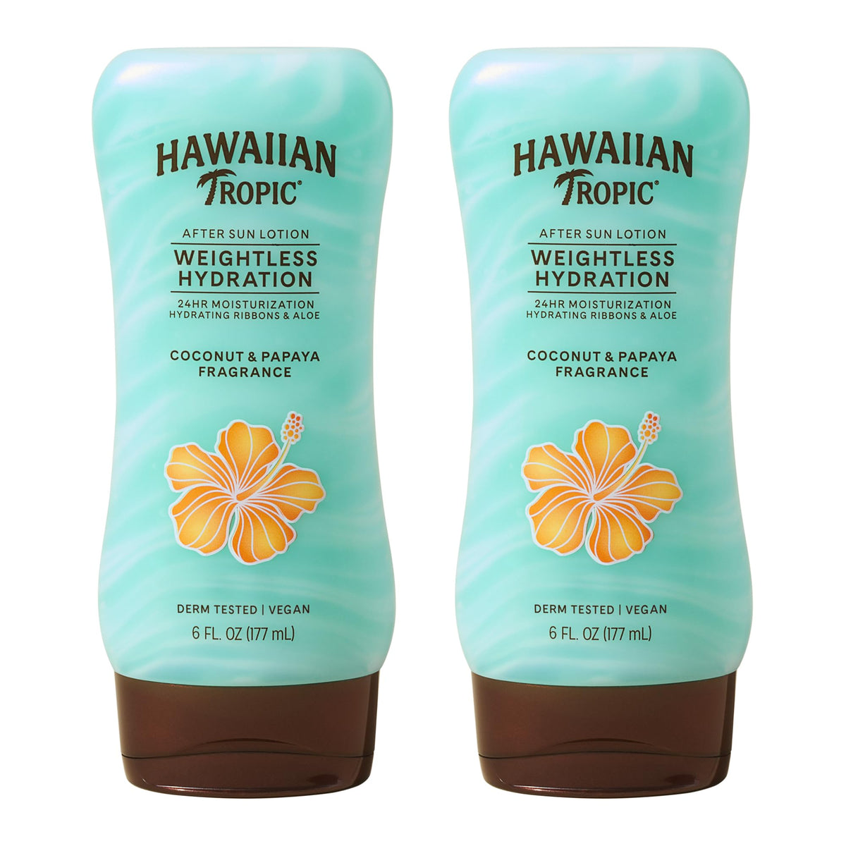 hawaiian tropic front packaging showing twin 6 fl oz bottles and benefit of lightweight hydration