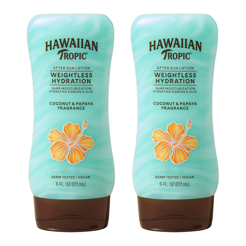 hawaiian tropic front packaging showing twin 6 fl oz bottles and benefit of lightweight hydration