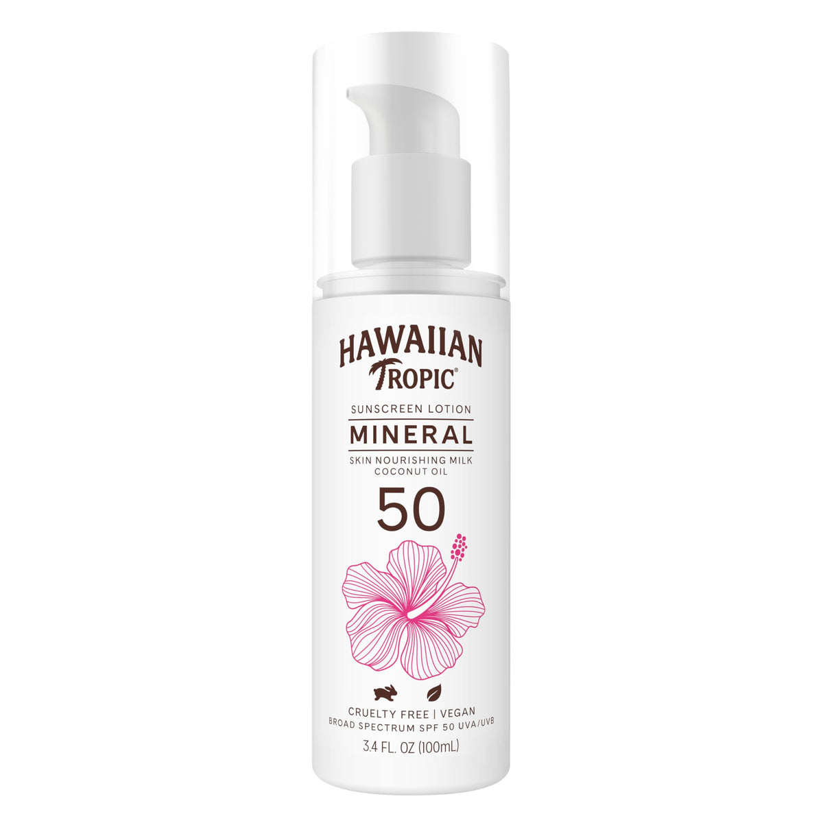 Hawaiian Tropic front packaging showing SPF 50 and travel size benefits