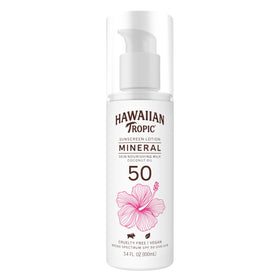 Hawaiian Tropic front packaging showing SPF 50 and travel size benefits