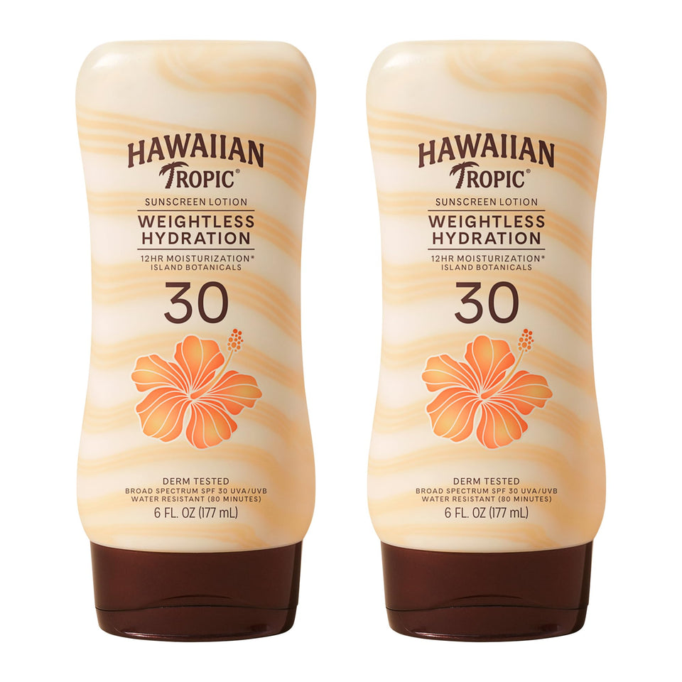 Hawaiian Tropic front packaging showing twin pack and SPF benefit