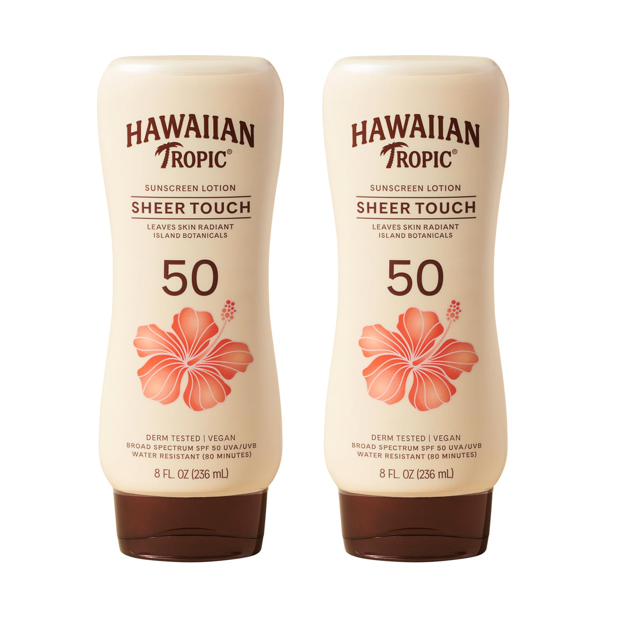 Hawaiian Tropic front packaging twin pack showing SPF 50 and size benefits