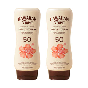 Hawaiian Tropic front packaging twin pack showing SPF 50 and size benefits