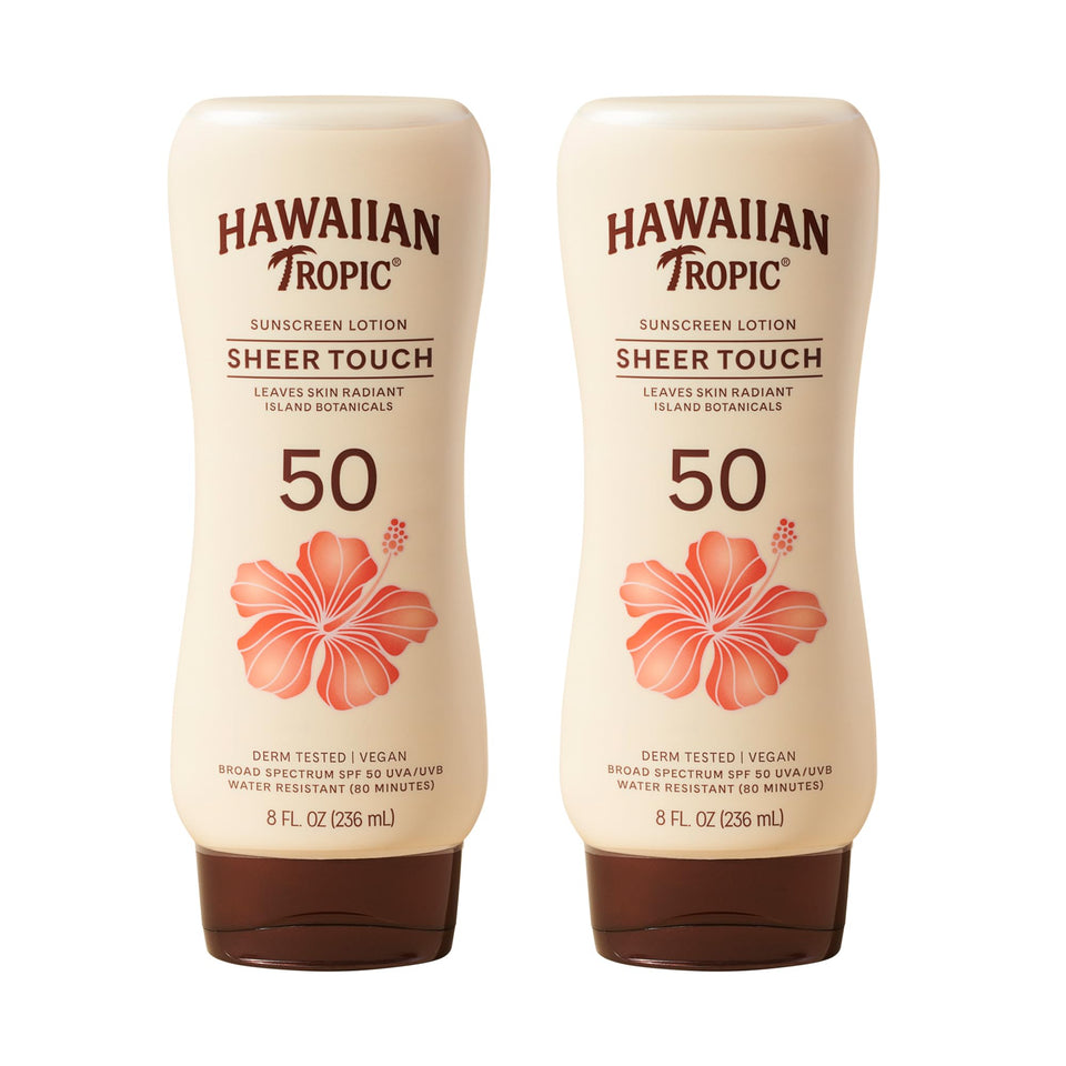 Hawaiian Tropic front packaging twin pack showing SPF 50 and size benefits