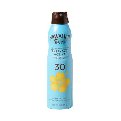 Hawaiian Tropic front packaging showing SPF 30 and clear spray benefits