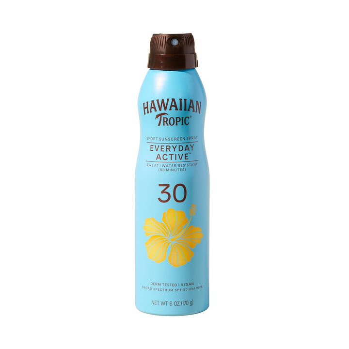 Hawaiian Tropic front packaging showing SPF 30 and clear spray benefits