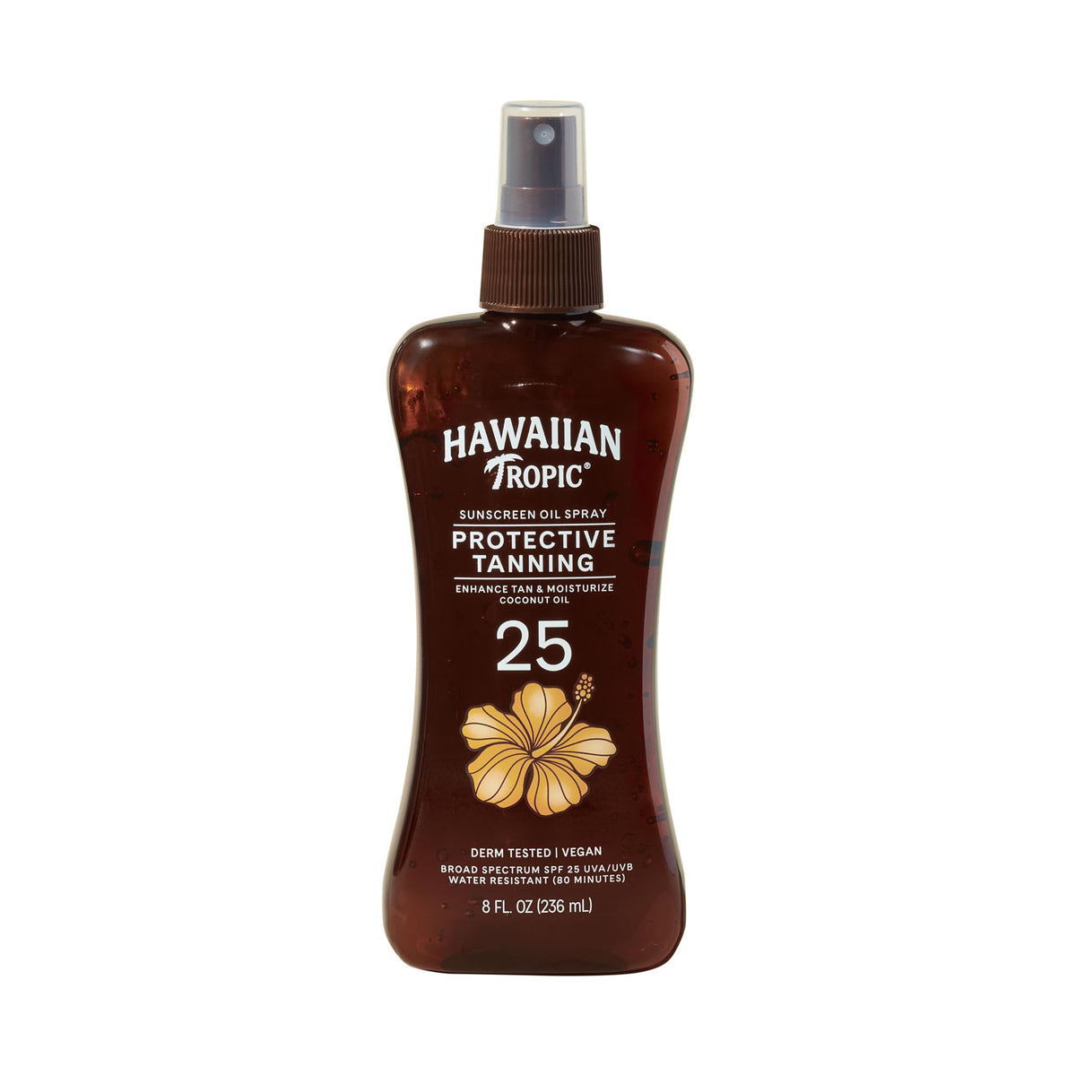 Hawaiian Tropic front pump spray bottle showing label and SPF 25 protection