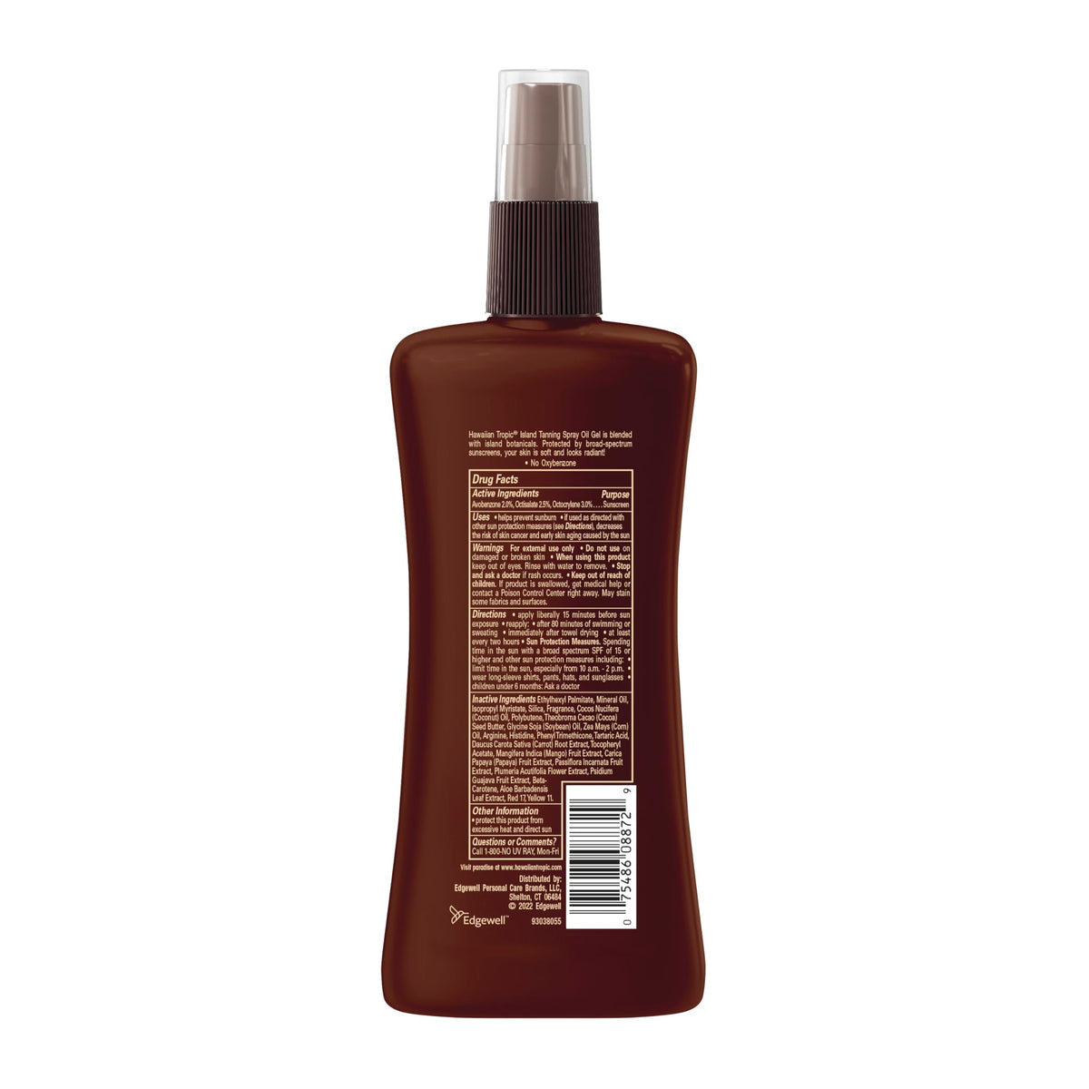 Hawaiian Tropic label close-up highlighting broad-spectrum and 80-minute water resistance