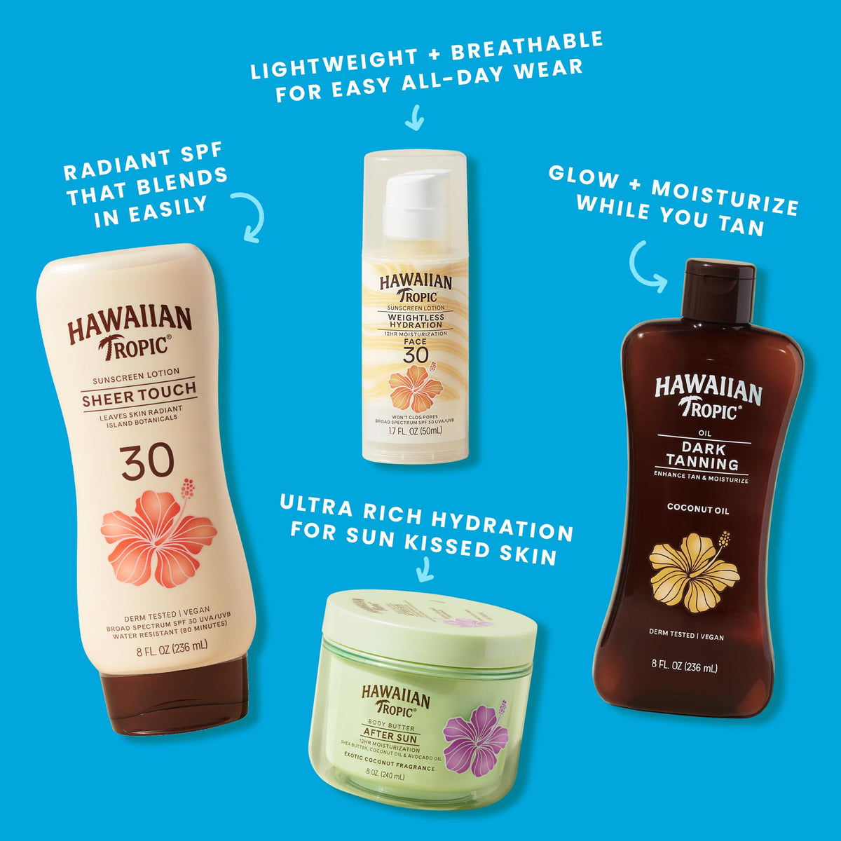 Hawaiian Tropic label close-up showing SPF 30 broad-spectrum and hyaluronic acid benefits