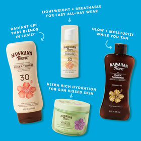 Hawaiian Tropic label close-up showing SPF 30 broad-spectrum and hyaluronic acid benefits