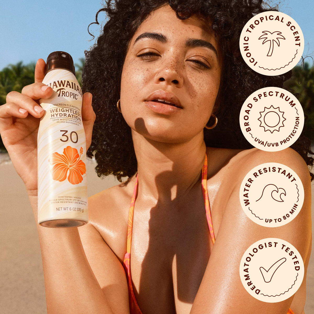 Hawaiian Tropic product label detail highlighting ingredients and protection