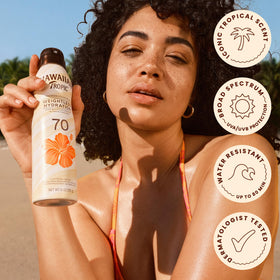 Hawaiian Tropic label with botanicals highlighting papaya mango plumeria benefits