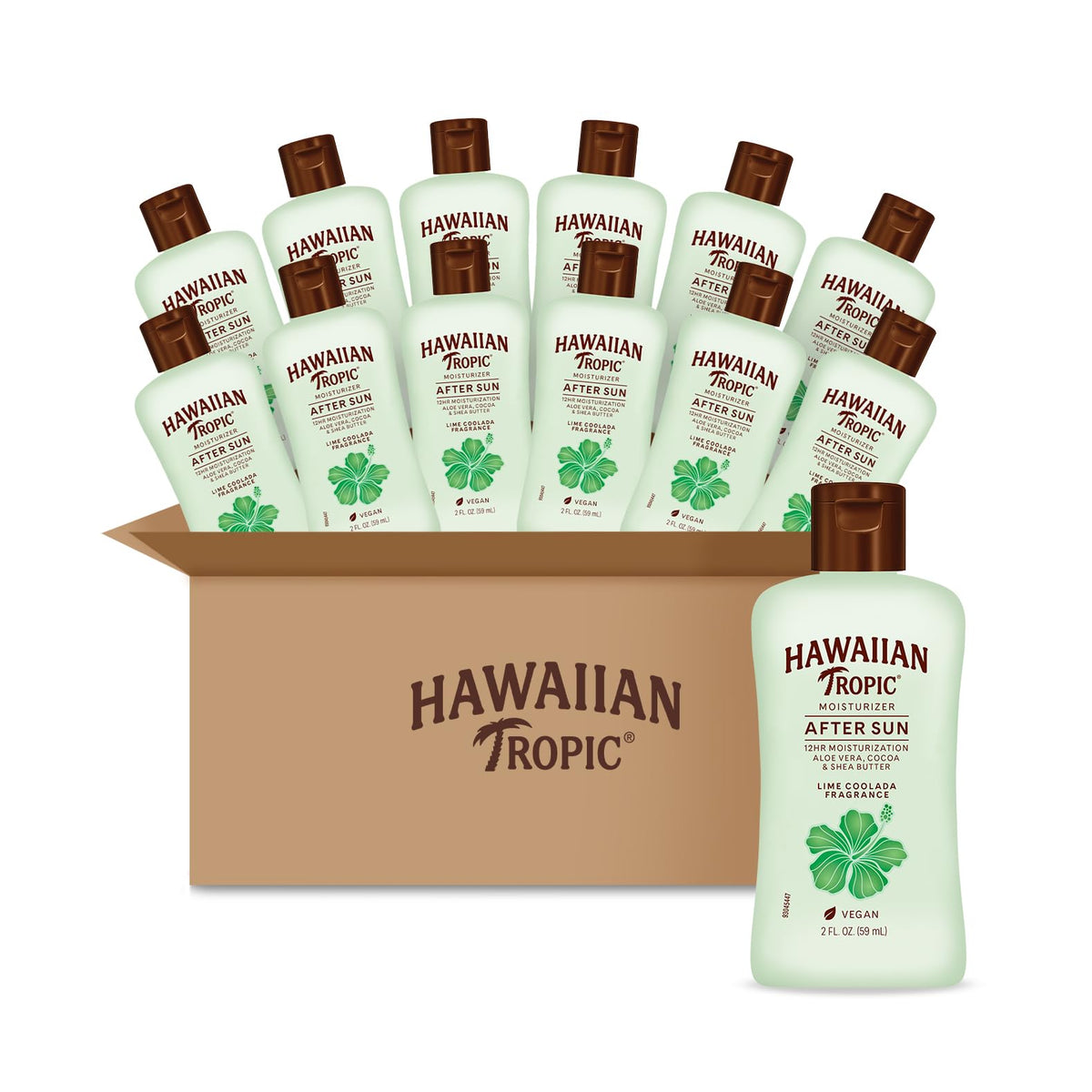 Hawaiian Tropic front packaging showing twelve mini bottles and benefits