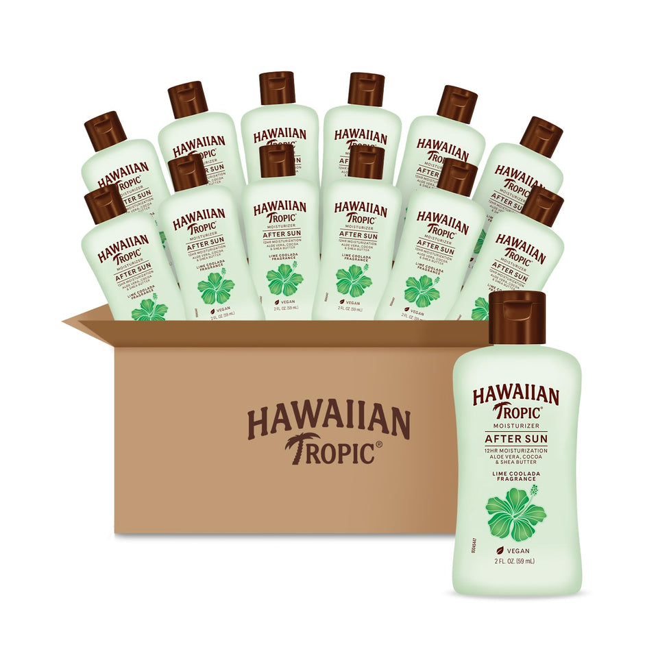 Hawaiian Tropic front packaging showing twelve mini bottles and benefits