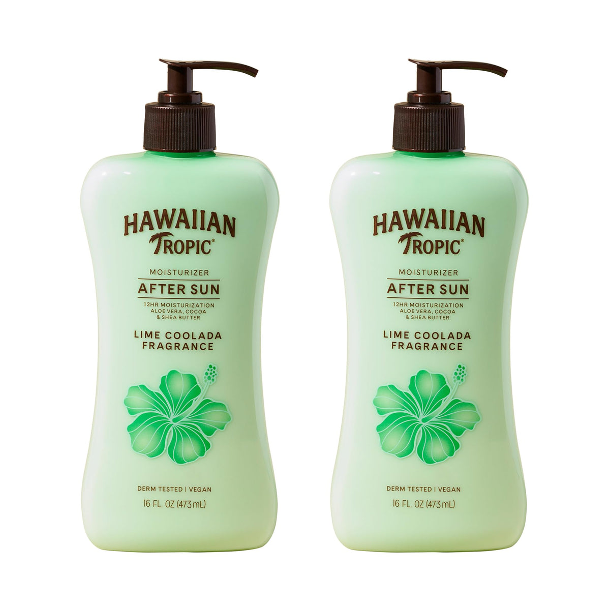 Hawaiian Tropic front packaging showing twin 16 fl oz bottles and product benefit