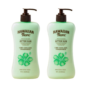 Hawaiian Tropic front packaging showing twin 16 fl oz bottles and product benefit